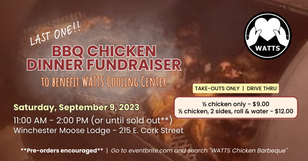A graphic showing details about a BBQ Chicken dinner fundraiser on Saturday, September 9, 2023 at Winchester Moose Lodge from 11am until 2pm. Take-outs only. Meal is $12 and includes a half chicken, 2 sides, roll, and bottled water. Pre-orders encouraged; go to Eventbrite.