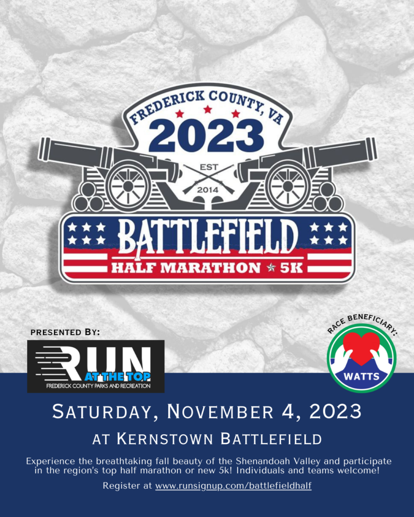 A graphic depicting a logo of two cannons facing away from each other and the words "Battlefield Half Marathon and 5K" on an American flag background, and including details about the race.