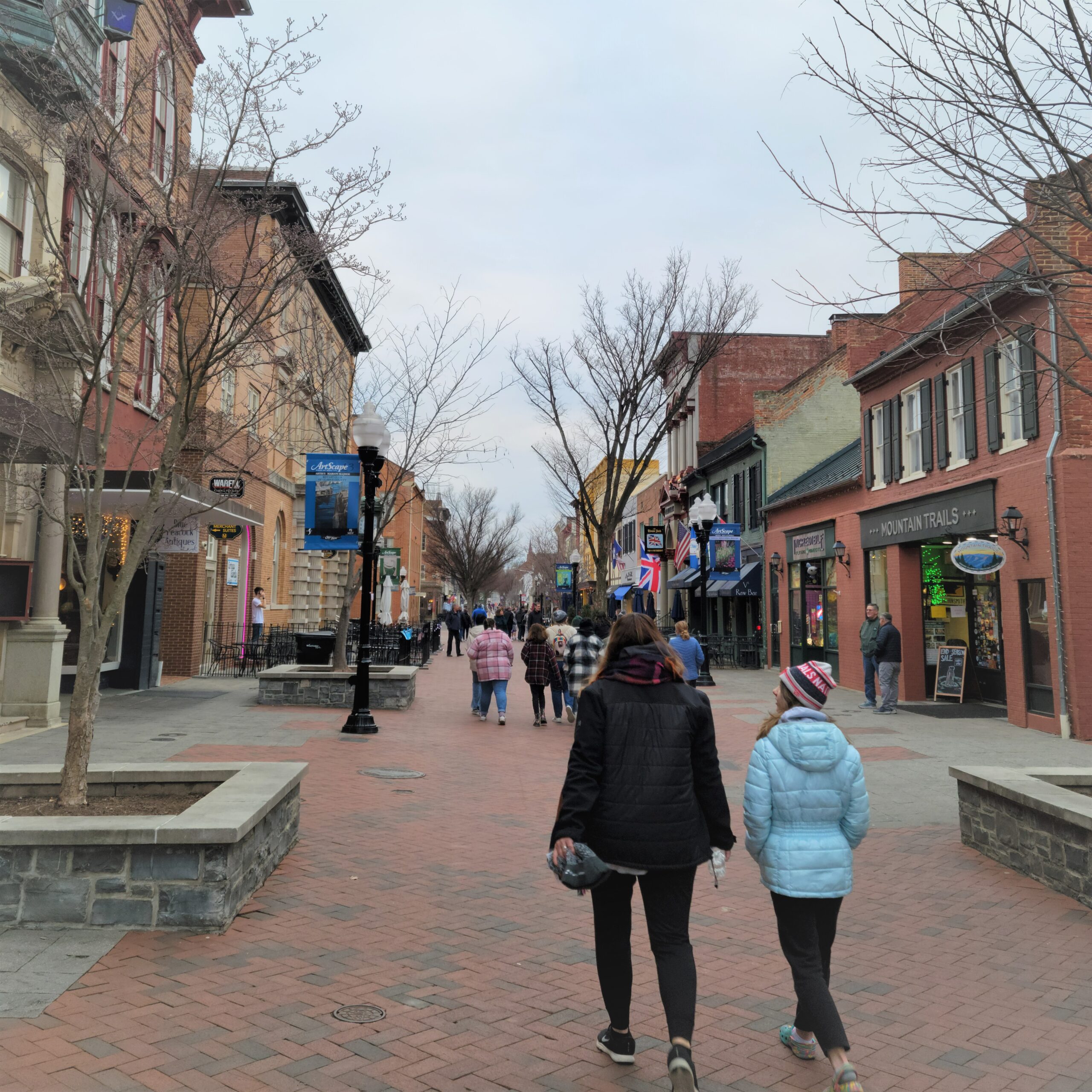 A photo of a woman and daughter dressed warm, walking away from the camera on a downtown pedestrian mall lined with bricks and historic buildings.
