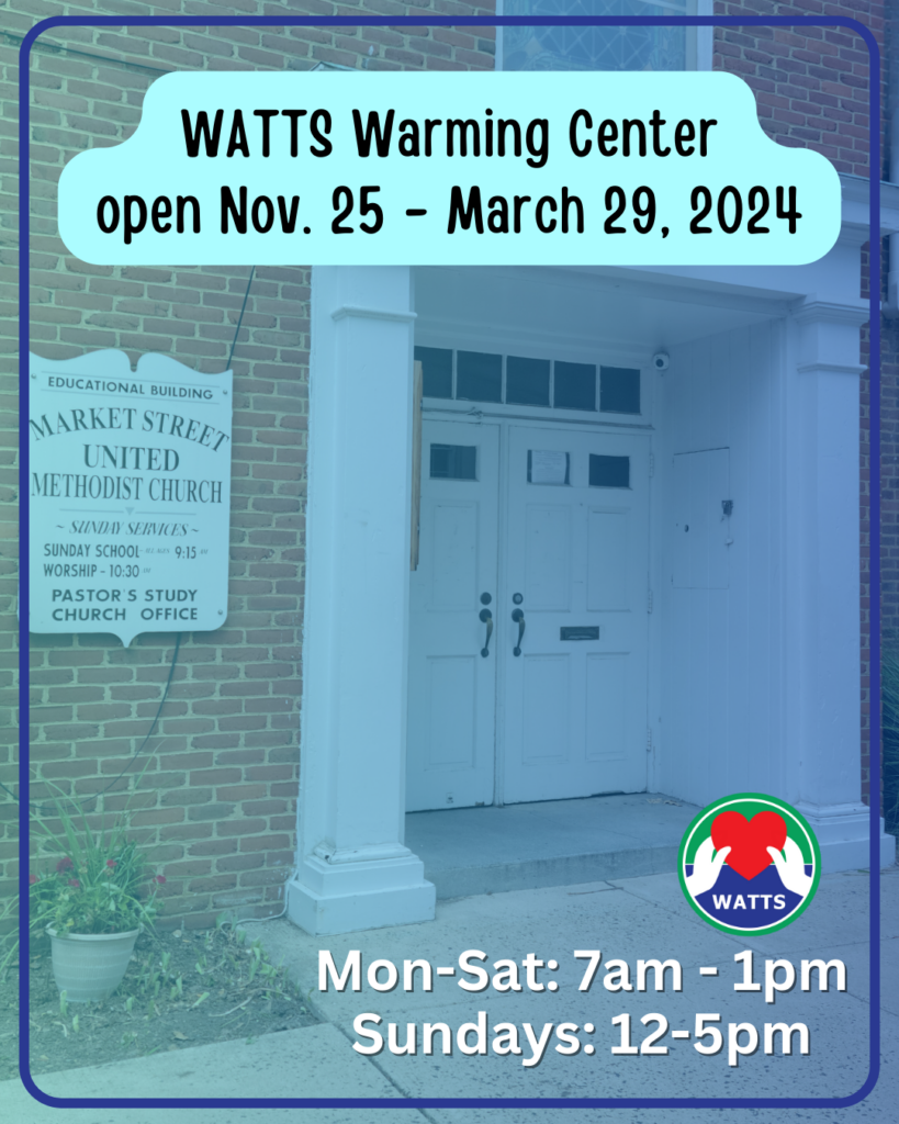 A photo of a white door entrance to a brick church building with text overlay showing dates and times of WATTS Warming Center, a daytime shelter for homeless individuals.