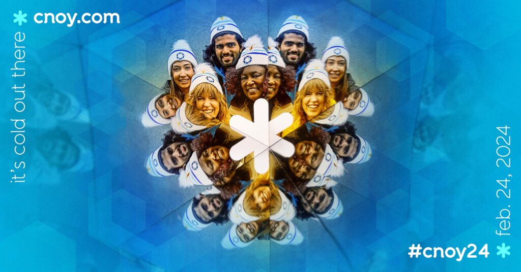 A banner image showing a kaleidoscope image of people wearing winter beanies on a blue background with date and info about the 'Coldest Night of the Year' fundraiser walk.