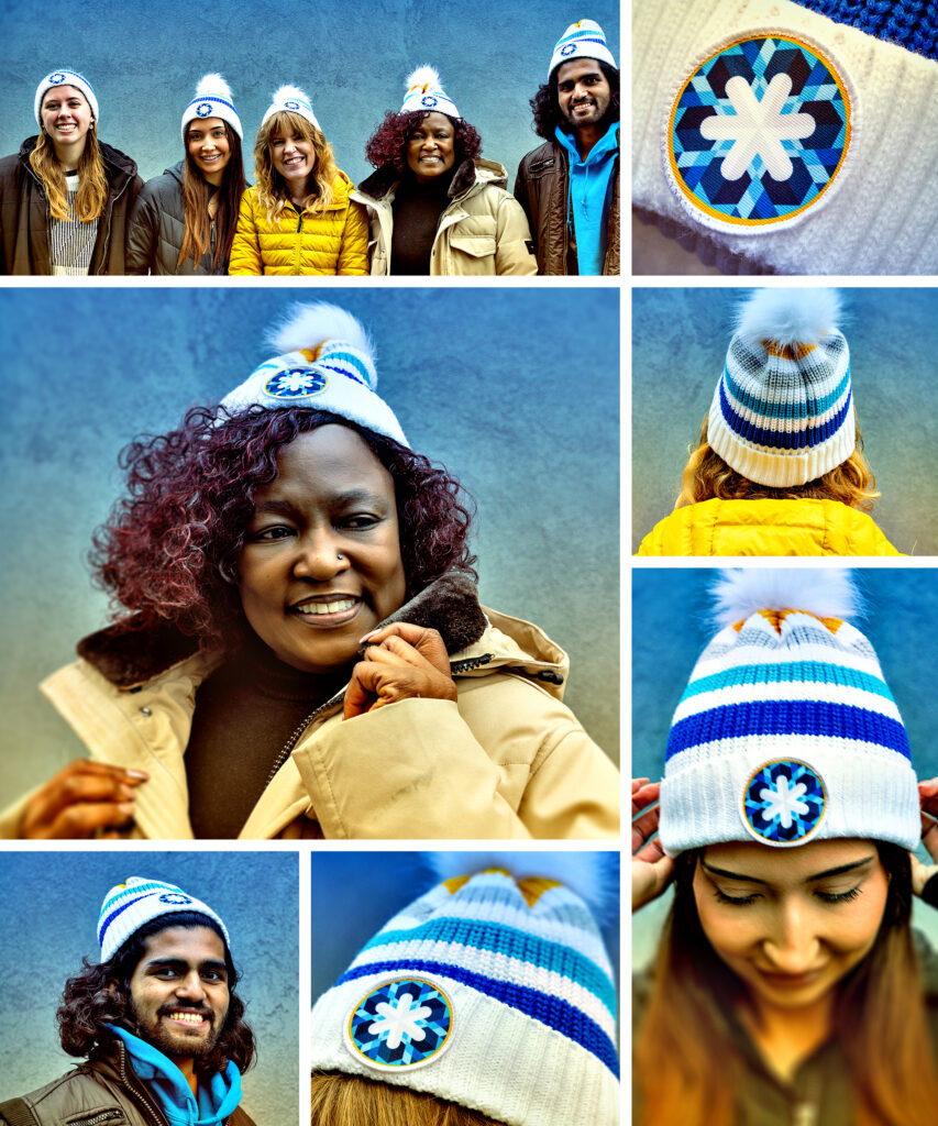 A collage of images of people wearing/modeling the same winter beanie that is white with 4 colored stripes and a CNOY snowflake logo on the front center. Some have poms, and some do not.