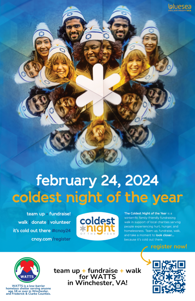 A poster for the Coldest Night of the Year fundraiser walk, happening February 24, 2024 in Winchester, VA. Walk for WATTS to support the homeless in our community.