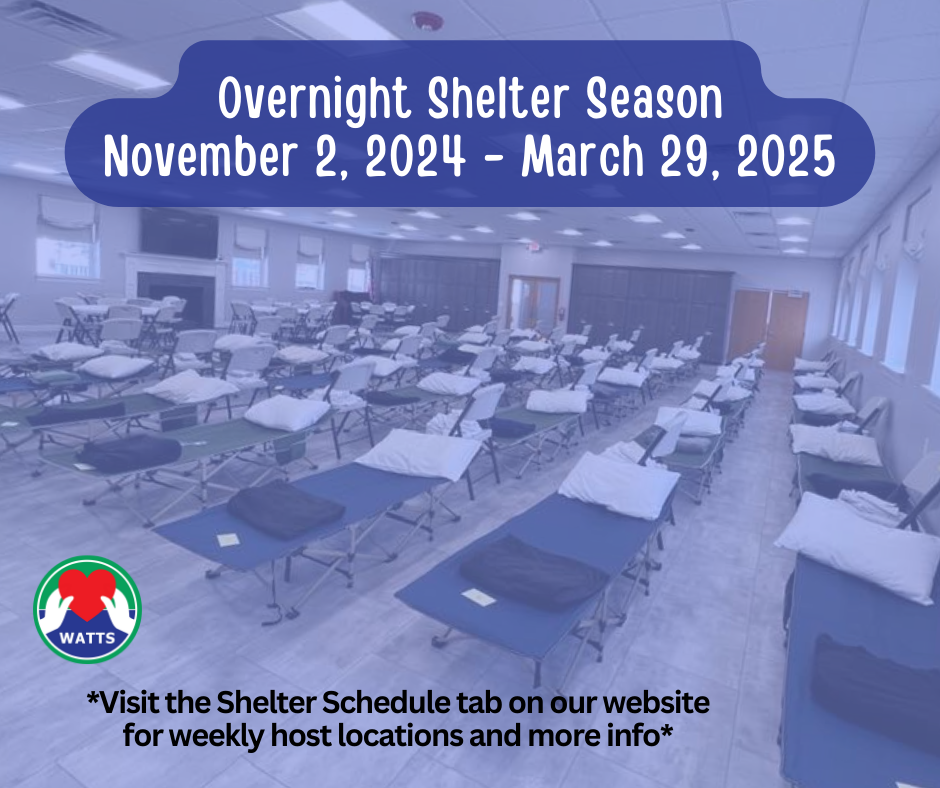 A graphic of a picture of a large, open room, with individual cots setup in rows, and words about the dates for an overnight shelter for the homeless.