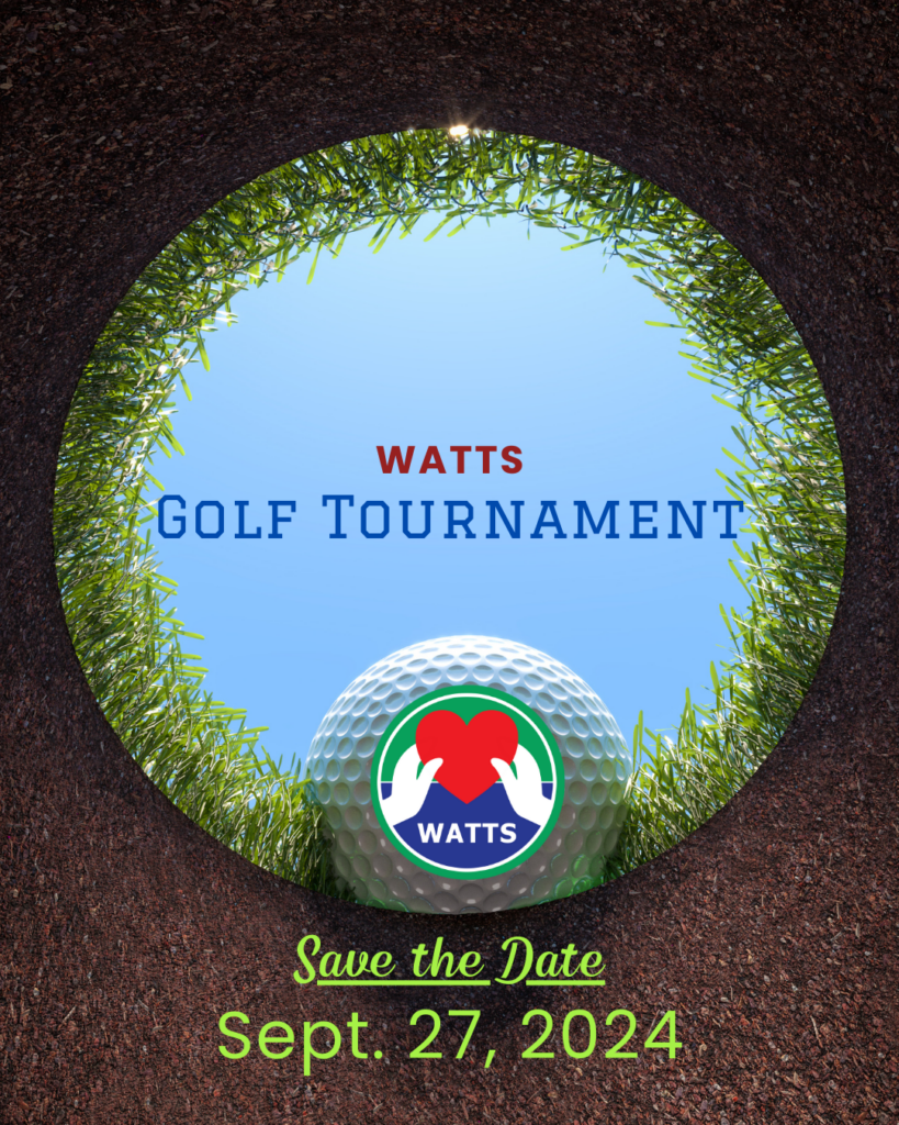 A graphic of a golf ball almost in the hole, with words about a save the date for a golf tournament.