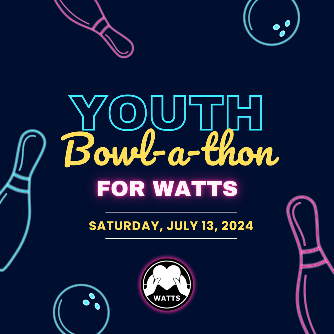 A graphic advertising a youth bowl-a-thon fundraiser for WATTS. Dark background with neon/glow wording and graphics of bowling balls and pins along the outside edges.